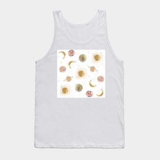 Gold Sun Moon Planets Space White illustration Tank Top
